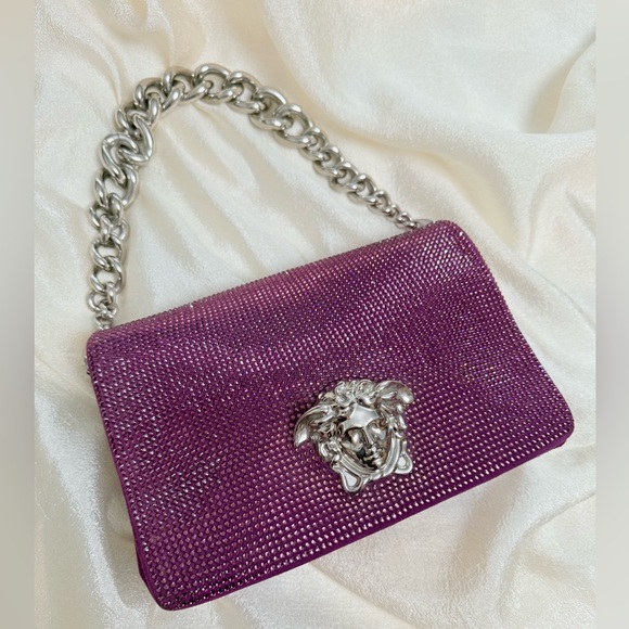 Versace La Medusa Sultan Purple Suede Crystal Embellished Chain Shoulder Bag - Picture 6 of 17